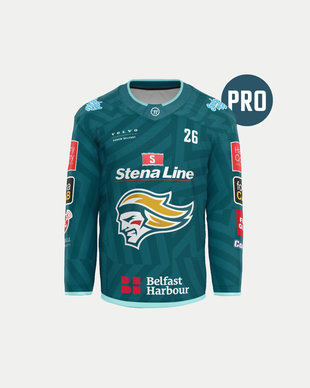 The Authentic Pro 25/26 Home Jersey by Belfast Giants features the team logo, sponsor logos, a Warrior PRO badge on the top right, and number 26 on the right shoulder.