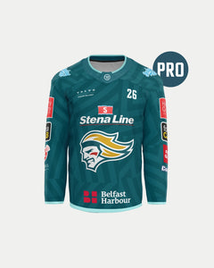 The Authentic Pro 25/26 Home Jersey by Belfast Giants features the team logo, sponsor logos, a Warrior PRO badge on the top right, and number 26 on the right shoulder.