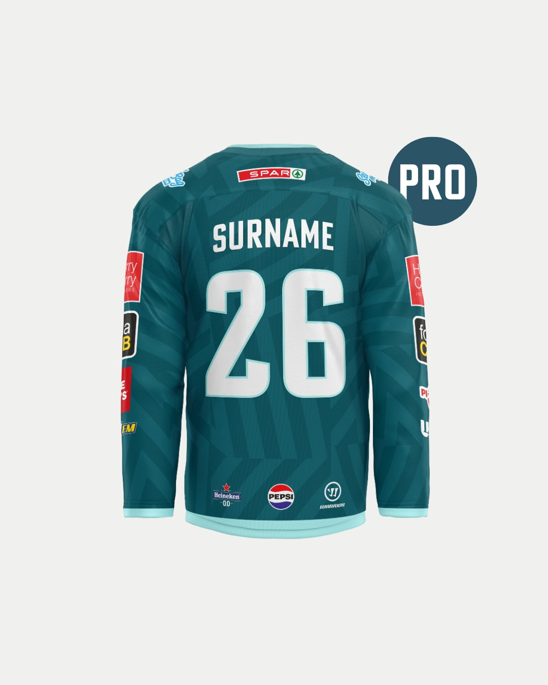 The back of the Custom Authentic Pro 25/26 Home Jersey by Belfast Giants in teal shows the number 26 and name SURNAME, with sponsor logos on sleeves and back, a circular PRO label on the right, and classic Warrior design.