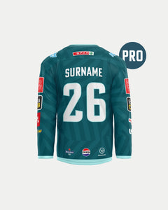 The back of the Custom Authentic Pro 25/26 Home Jersey by Belfast Giants in teal shows the number 26 and name SURNAME, with sponsor logos on sleeves and back, a circular PRO label on the right, and classic Warrior design.