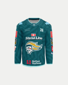 Show your support with the Custom Fan Replica 25/26 Home Jersey by Belfast Giants. This teal jersey features the Giants logo, number 26, sponsor logos, and offers customisation for a unique touch.