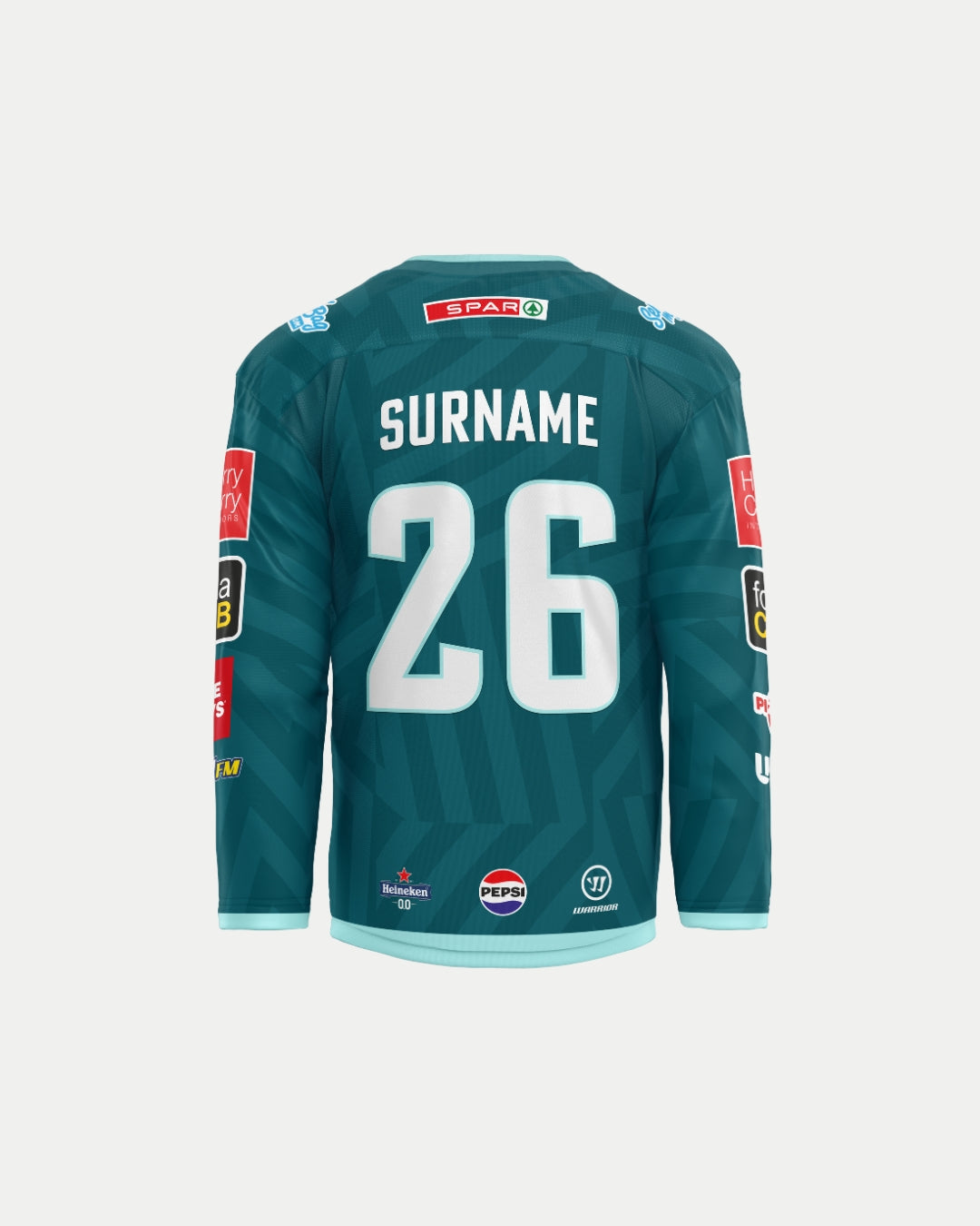 The Belfast Giants Custom Fan Replica 25/26 Home Jersey is shown from the back with SURNAME and 26 in large white letters, sponsor logos on sleeves and back. Personalise your jersey for a unique touch.