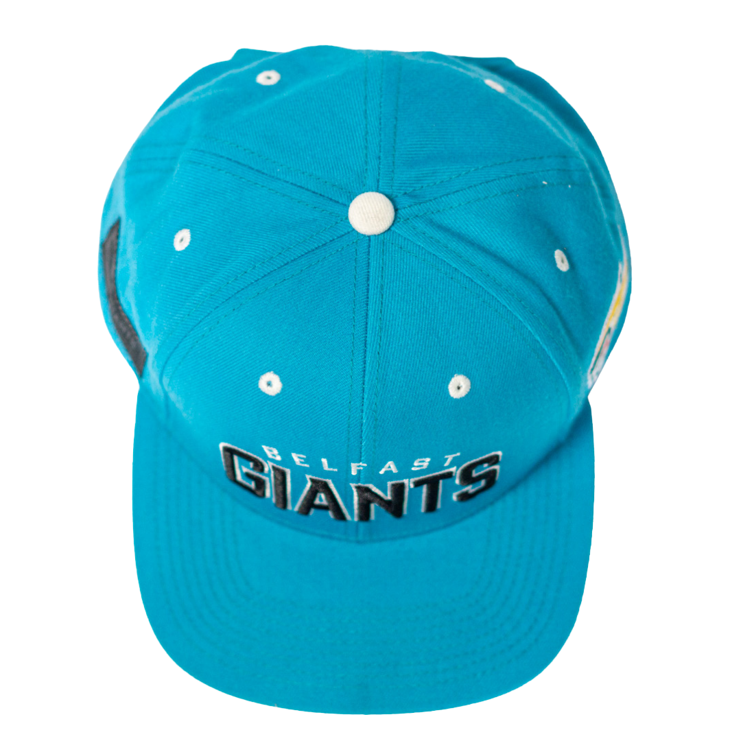 The Belfast Giants Teal Snapback Cap features bold team branding on the front, white stitching, eyelets, and a white top button.