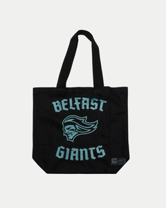 Carry your essentials in style with the Belfast Giants Tote Bag Black/Teal Logos, featuring bold teal team text and a striking giants head logo—perfect for showing your Belfast Giants pride.