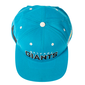 The Belfast Giants Teal Snapback Cap features bold team branding on the front, white stitching, eyelets, and a white top button.