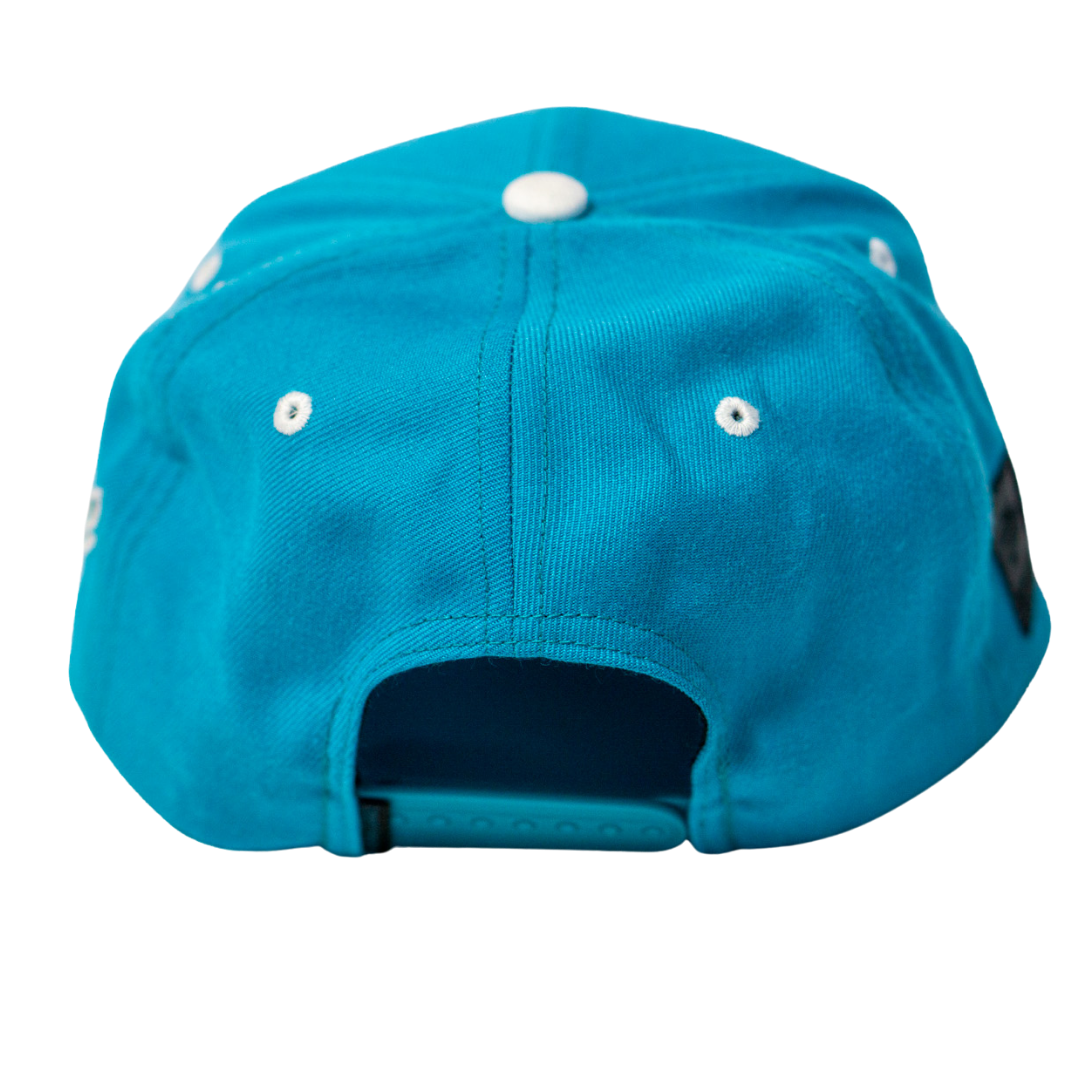 The Belfast Giants Teal Snapback Cap features a bold team crest on the side, white ventilation eyelets, and an adjustable teal snapback closure, all in bright blue.