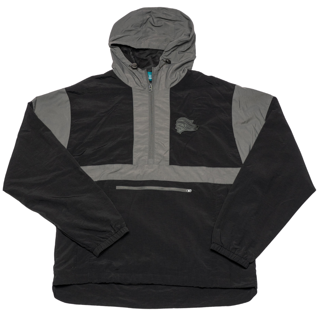 The Belfast Giants Anorak Black by Belfast Giants features a half-zip, left chest logo, kangaroo pocket, and gray panels on the shoulders, hood, and chest—a stylish and functional jacket ideal for cold weather.