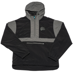 The Belfast Giants Anorak Black by Belfast Giants features a half-zip, left chest logo, kangaroo pocket, and gray panels on the shoulders, hood, and chest—a stylish and functional jacket ideal for cold weather.