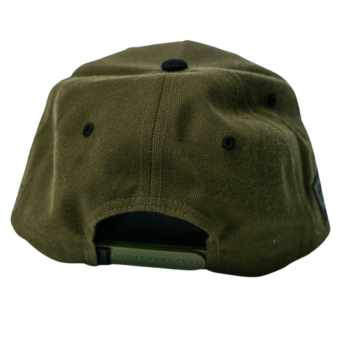 The Belfast Giants Cap Olive by Belfast Giants, shown from the back, features an adjustable strap and black embroidered eyelets—ideal for game day style.