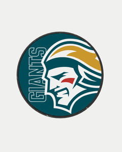 The Belfast Giants Logo Puck 25-26 from Belfast Giants Store by National Merchandise features a circular logo with bold white "GIANTS" lettering and a warrior’s profile in gold, white, and teal accented by a red streak on the cheek.