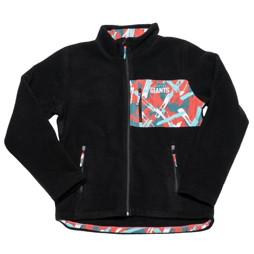 Show your team pride with the Belfast Giants Pile Jacket Paint Stripes—a black fleece-lined jacket by Belfast Giants featuring a vibrant red, teal, and white paint-stripe chest pocket and bold white GIANTS print.