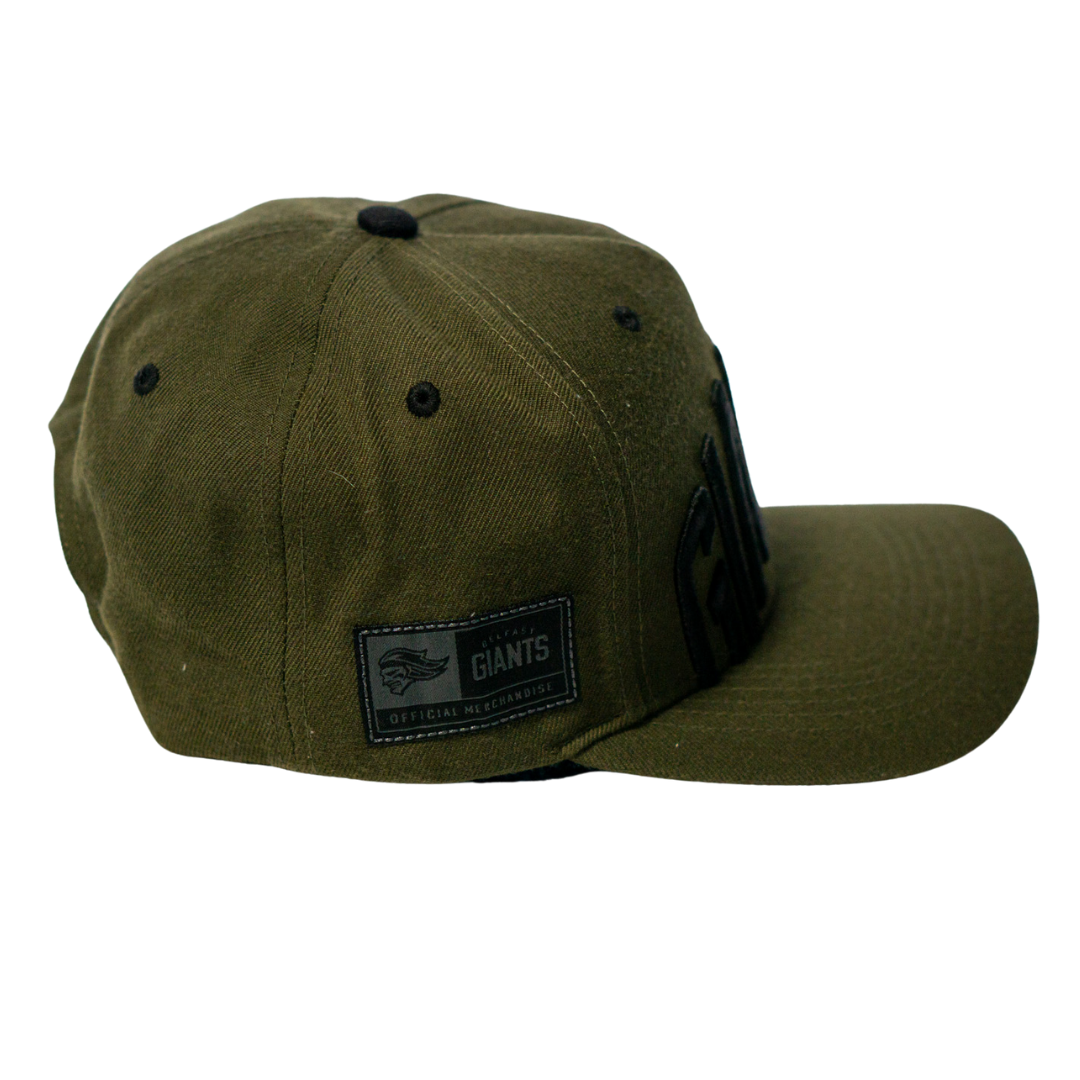 The Belfast Giants Cap Olive by Belfast Giants features a flat brim, raised embroidered front text, and a side patch stating GIANTS OFFICIAL MLB COMPONENT—perfect for game day.