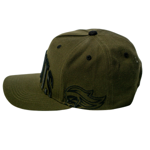 The Belfast Giants Cap Olive by Belfast Giants is shown from the left side, displaying bold front lettering and a stylized side graphic—an ideal game day accessory set against a plain background.