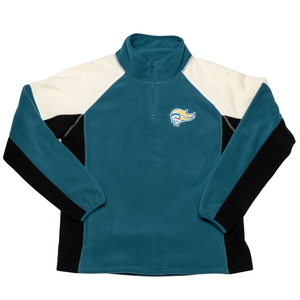The Belfast Giants Fleece Half Zip Teal is a teal, black, and white pullover with the Belfast Giants dolphin crest embroidered on the left chest. It features black sleeves with white shoulder panels.