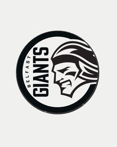 The Belfast Giants Black Logo Puck 25-26 from Belfast Giants Store by National Merchandise features a bold circular "BELFAST GIANTS" logo and a fierce giant’s profile in black and white, highlighted with strong, simple lines.