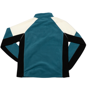 The Belfast Giants Fleece Half Zip Teal is a long-sleeved jacket with a teal body, black side panels and sleeves, cream-colored shoulders, shown laid flat with the back facing up.