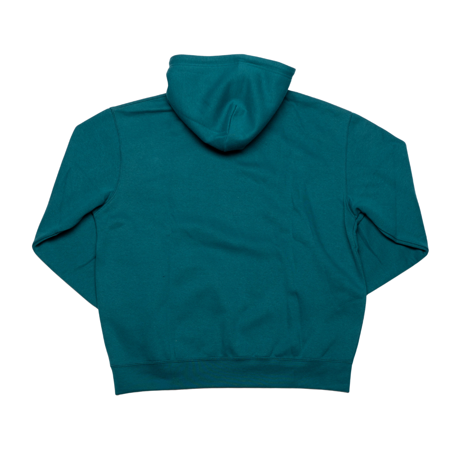 The Belfast Giants BG Hoodie Teal by Belfast Giants is shown laid flat from the back, with the hood up and sleeves spread out, highlighting its smooth, unadorned fabric.
