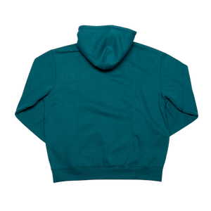 The Belfast Giants BG Hoodie Teal by Belfast Giants is shown laid flat from the back, with the hood up and sleeves spread out, highlighting its smooth, unadorned fabric.