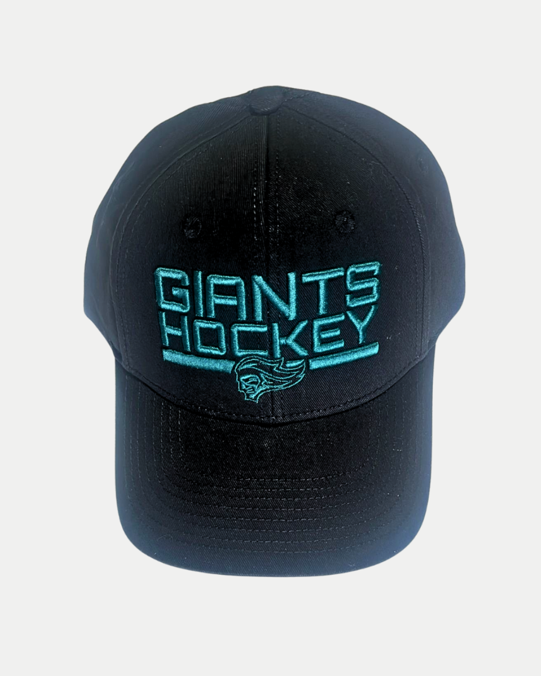The 25-26 CCM Black Cap Teal Logo from Belfast Giants Store features blue "GIANTS HOCKEY" embroidery and a stylized teal logo on the front, displayed against a plain white background.