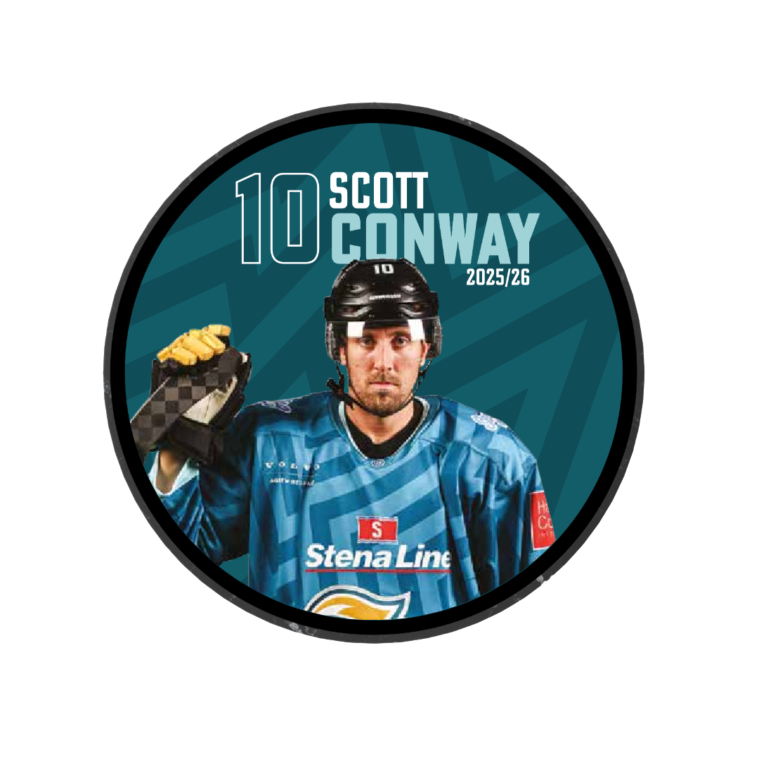 The Belfast Giants 2025-26 Player Puck is a limited edition design featuring Scott Conway in a blue Stena Line jersey with glove, plus "10 Scott Conway 2025/26" on a teal geometric background.
