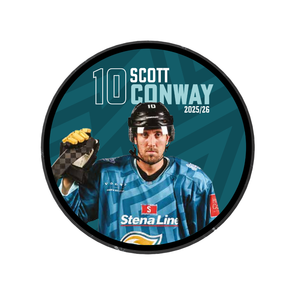 The Belfast Giants 2025-26 Player Puck is a limited edition design featuring Scott Conway in a blue Stena Line jersey with glove, plus "10 Scott Conway 2025/26" on a teal geometric background.