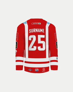 A red and white Belfast Giants Custom Air Ambulance Replica 25/26 Jersey from the back, showing "SURNAME" and number 25, with sponsor logos on sleeves, back, and bottom. Available via Click & Collect from Belfast Giants Store by National Merchandise.