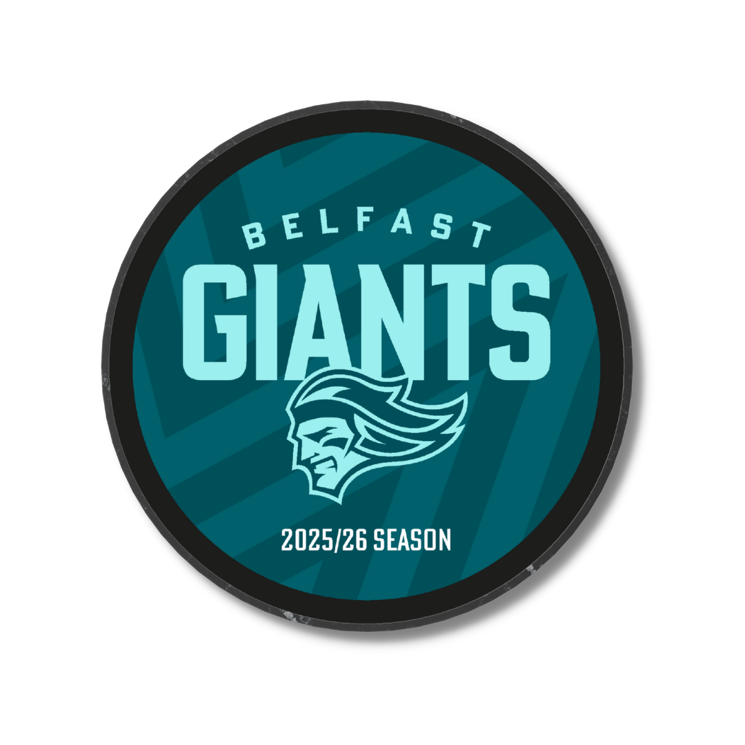 The Logo Season Puck Text 25-26 from Belfast Giants Store by National Merchandise features Belfast Giants above a giant’s head logo and 2025/26 Season below on a teal background with a black border.