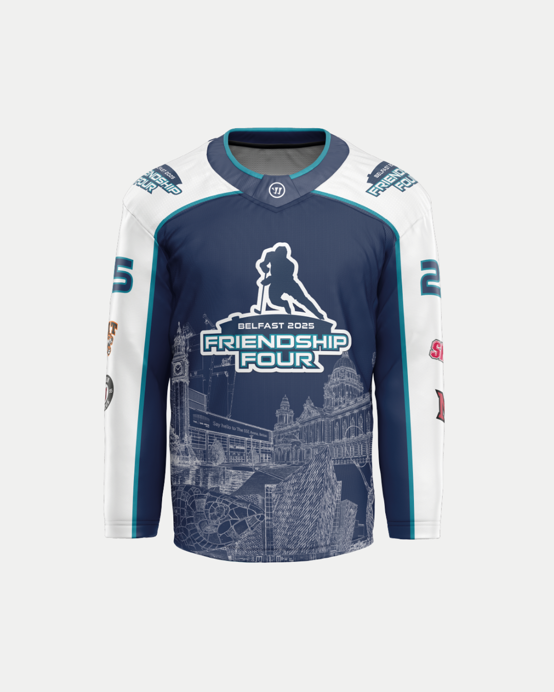 The Belfast Giants Friendship Four Sublimated Replica 2025 Jersey from Belfast Giants Store by National Merchandise features navy and white colors, a player silhouette, "Belfast 2025," Belfast landmark artwork, sponsor logos, and the number 25 on the sleeves.