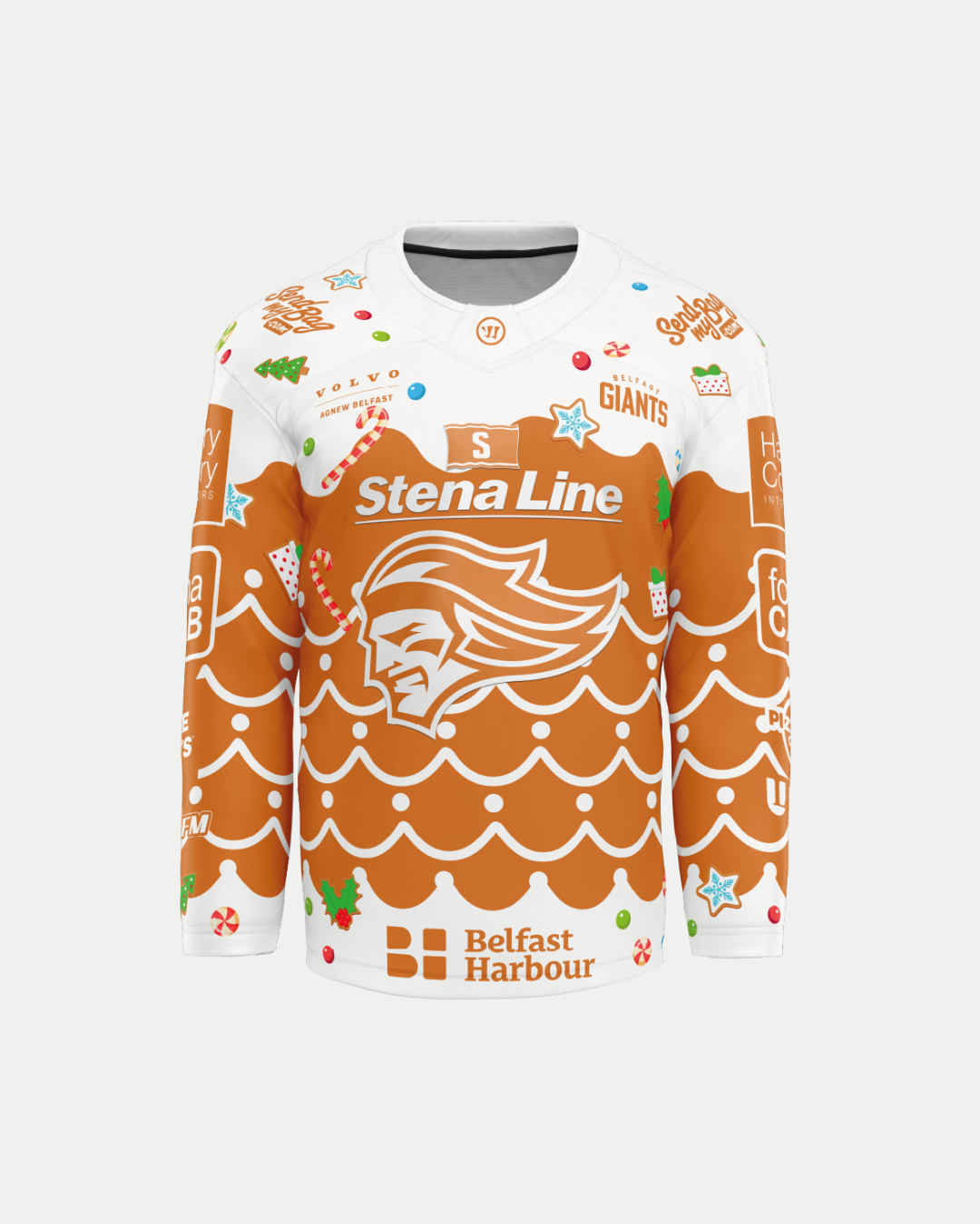 The Belfast Giants Christmas Sublimated Replica 25/26 Jersey from Belfast Giants Store by National Merchandise features festive gingerbread-inspired designs, icing patterns, candy shapes, and sponsor logos—perfect for any hockey fan’s holiday collection.