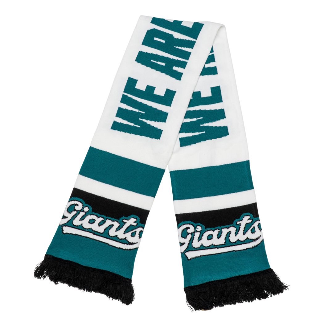 Show your team spirit with the Belfast Giants We Are Giants Scarf White—a teal, black, and white scarf with black tassels featuring WE ARE and Giants in script. Perfect accessory for every Belfast Giants fan on match night!.