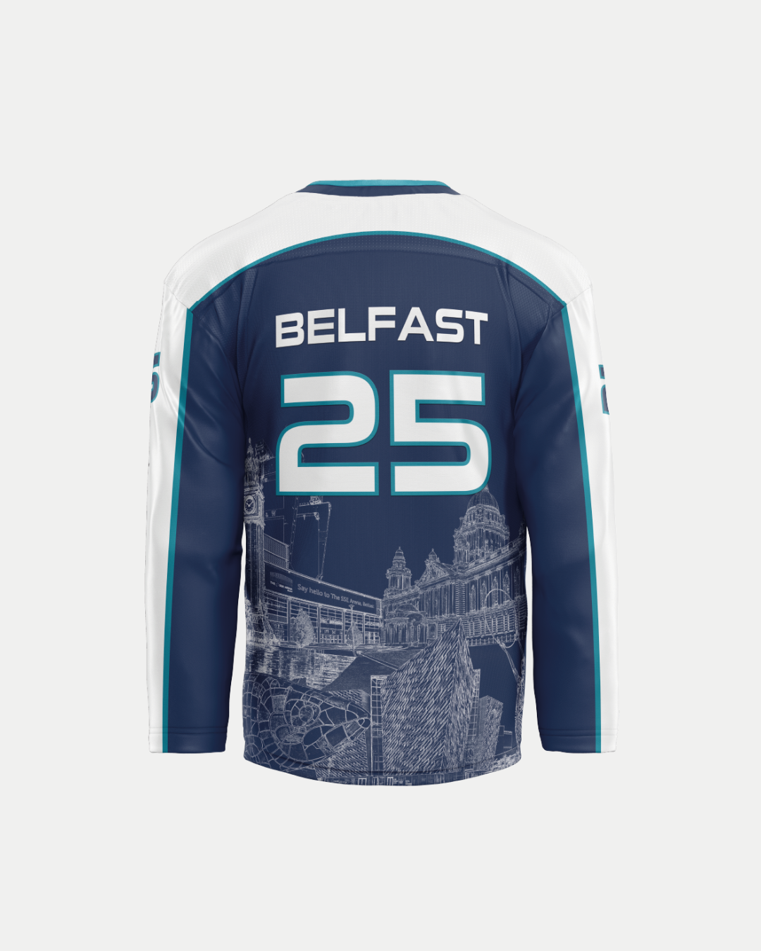 Back view of the Belfast Giants Friendship Four Sublimated Replica 2025 Jersey from Belfast Giants Store by National Merchandise, featuring BELFAST and 25 in bold, plus detailed illustrations of Belfast landmarks on the lower half.