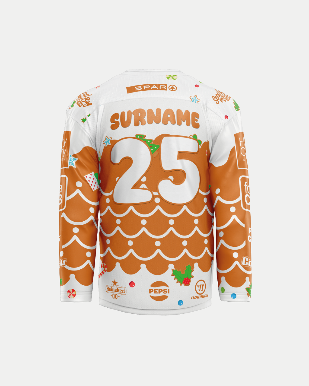 The Belfast Giants Custom Christmas Sublimated Replica 25/26 Jersey features a gingerbread house design with festive icing, gumdrops, holly, sponsor logos, and custom SURNAME and number 25 on the back. Available from Belfast Giants Store by National Merchandise.