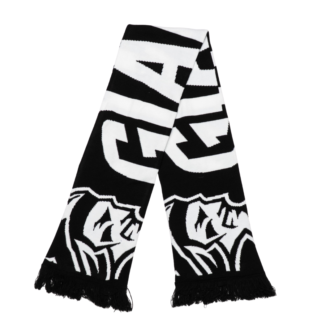 The Belfast Giants Scarf Black and White by Belfast Giants features bold graphic designs, the team logo, black-and-white colors, and fringed ends.