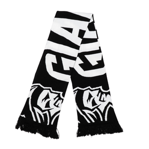 The Belfast Giants Scarf Black and White by Belfast Giants features bold graphic designs, the team logo, black-and-white colors, and fringed ends.