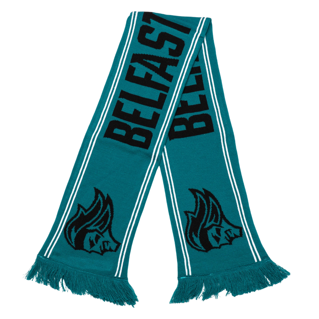 The Belfast Giants Scarf Teal with Black Logo features BELFAST in bold black letters, a stylized wolf head at each end, white borders, and fringe tassels—an essential accessory from the Belfast Giants for any fan.