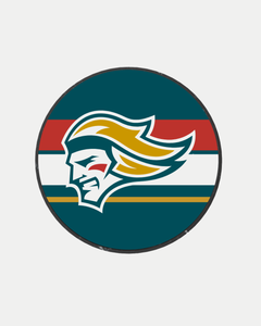 The Belfast Giants Striped Hockey Puck 25-26 from Belfast Giants Store by National Merchandise features a stylized head with flowing yellow hair and a red face marking on a teal, red, and white striped circular background.