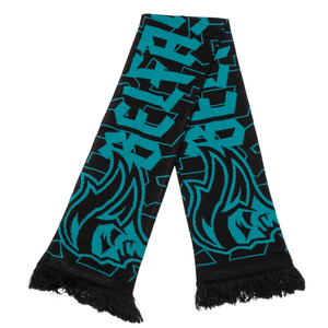 The Belfast Giants Script Text Black Scarf features bold patterns, abstract flame designs, fringed ends, and a unique Belfast Giants logo monogram.