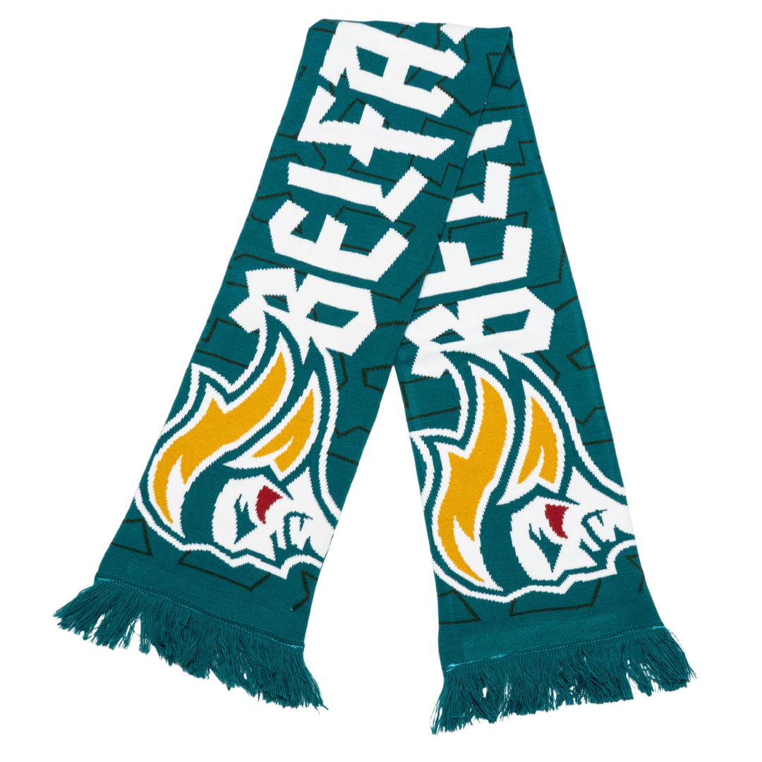 The Belfast Giants Script Text Teal Scarf by Belfast Giants features fringed ends, bold white DELTA lettering, stylized Viking head graphics in yellow, white, and black, and the official team logo.