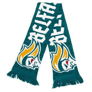 The Belfast Giants Script Text Teal Scarf by Belfast Giants features fringed ends, bold white DELTA lettering, stylized Viking head graphics in yellow, white, and black, and the official team logo.