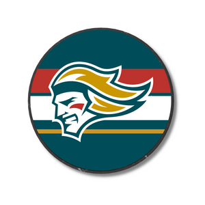 The Belfast Giants Striped Hockey Puck 25-26 from Belfast Giants Store features a circular logo of a knights head with golden hair, white face, red markings, and horizontal teal, red, white, and gold stripes in the background.