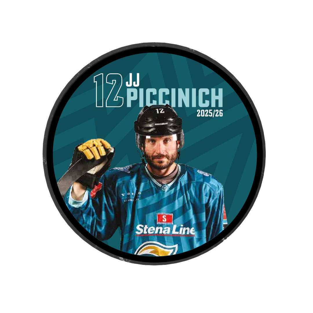 A Belfast Giants hockey player in teal holds a stick, with "2025-26 Player Puck" and "Stena Line" displayed on a teal background—ideal for any limited edition fan collection.