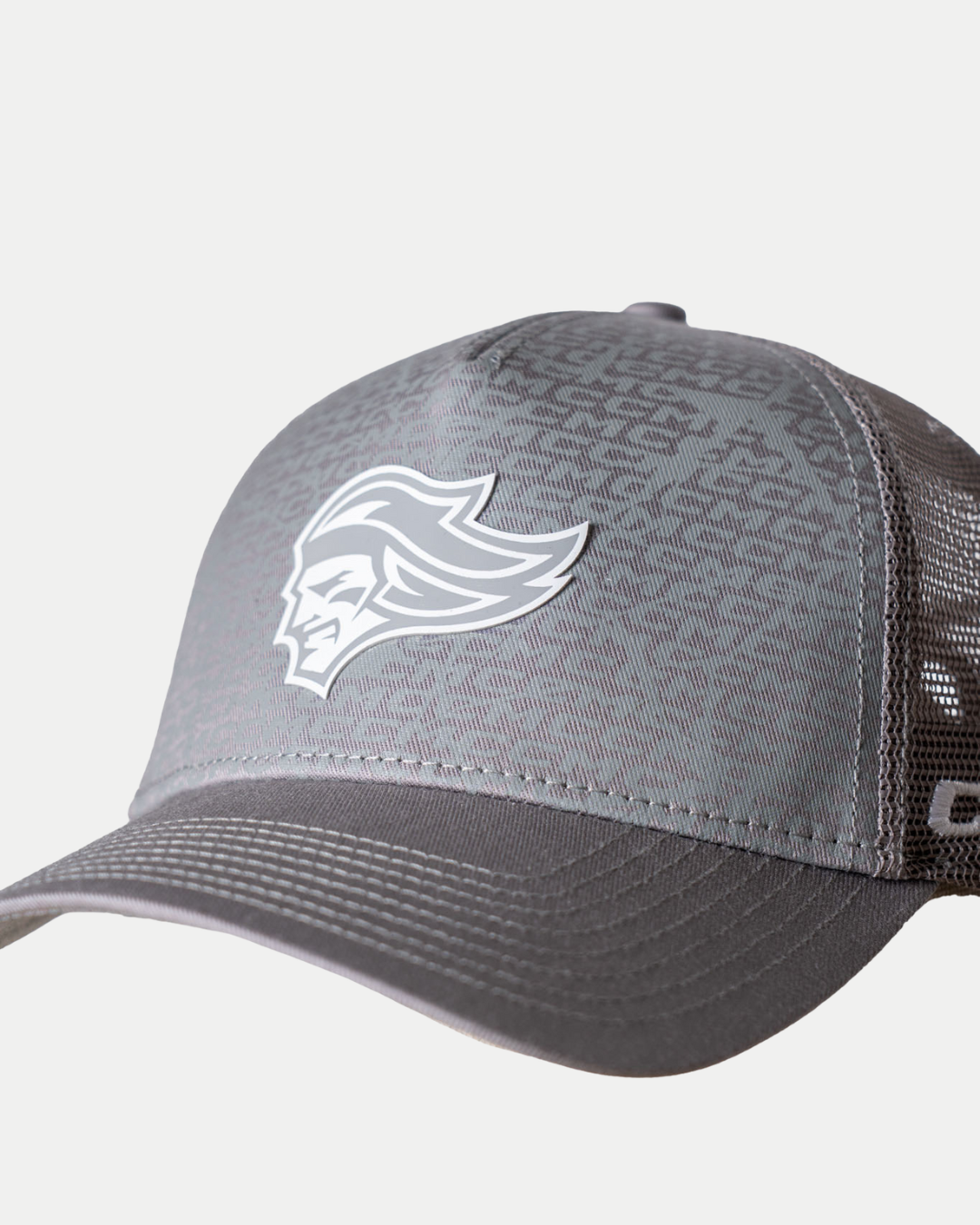 The 25-26 CCM Grey Cap from Belfast Giants Store by National Merchandise features a gray mesh design and a stylized white armored head logo on the front, displayed against a plain white background.
