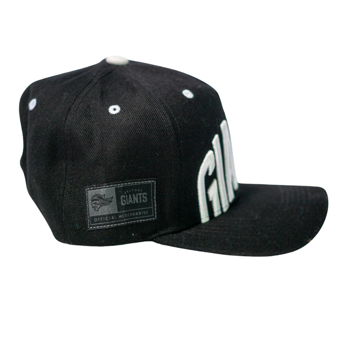 The Belfast Giants Cap Black and White by Belfast Giants features bold white GIANTS lettering on the front, a flat brim, and an official merchandise patch—an essential for any Belfast Giants supporter.