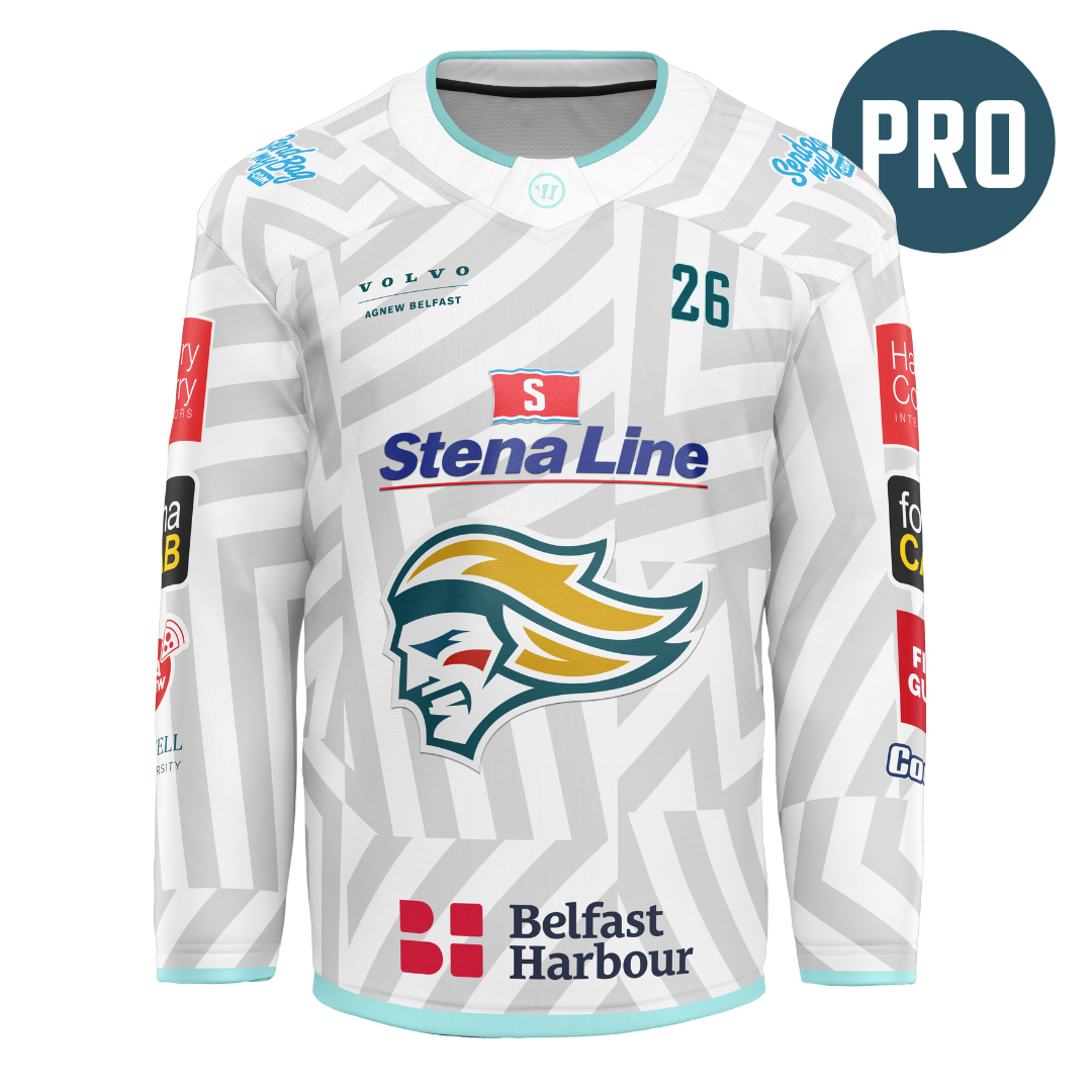 The Belfast Giants Authentic Goalie Pro 25/26 Away Jersey is white with grey zigzag patterns, Warrior, Stena Line, and Belfast Harbour logos, sponsor patches, number 26 on the right chest, and the Giants logo centered on the front.