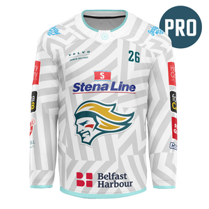 The Belfast Giants Authentic Goalie Pro 25/26 Away Jersey is white with grey zigzag patterns, Warrior, Stena Line, and Belfast Harbour logos, sponsor patches, number 26 on the right chest, and the Giants logo centered on the front.