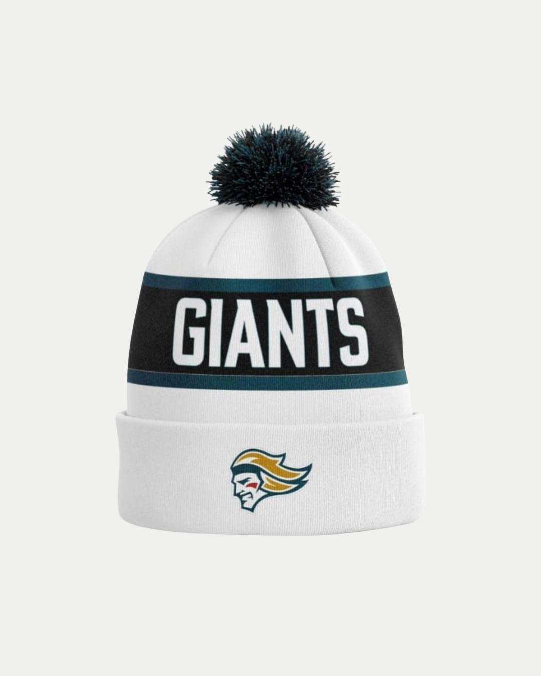 The Belfast Giants Noggin Beanie White 25-26 by Belfast Giants is a white knit supporter hat featuring a black and teal band, bold GIANTS lettering, a black pom-pom, and a helmeted logo on the folded brim.