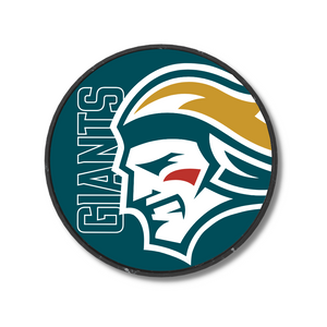 The Belfast Giants Logo Puck 25-26 from Belfast Giants Store features a round teal logo with a stylized warriors gold hair, red cheek mark, and bold white GIANTS lettering.