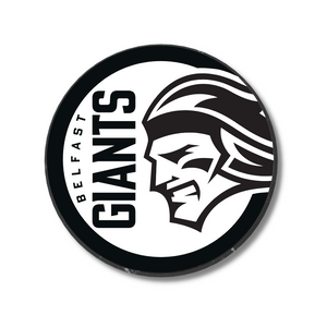 The Belfast Giants Black Logo Puck 25-26 from Belfast Giants Store by National Merchandise features a black and white team logo with a fierce giant’s head in a circle and “Belfast Giants” vertically on the left.