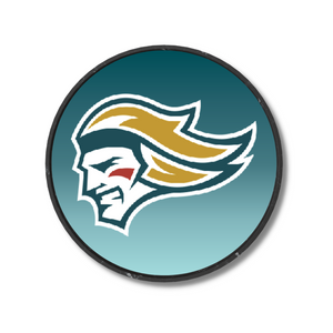 The Belfast Giants Colour Logo Puck 25-26 from Belfast Giants Store features a circular logo of a helmeted warrior with gold hair, a red cheek mark, and white outline on a blue-green gradient background.