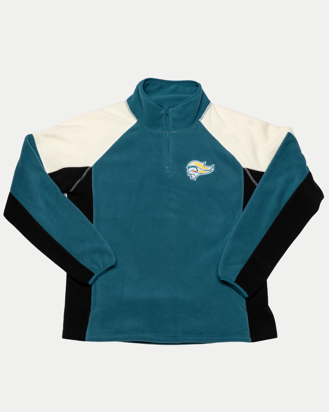 The Belfast Giants Fleece Half Zip Teal by Belfast Giants features teal and black colors, white shoulder panels, and an embroidered crest bird logo on the left chest, shown laid flat on a white background.